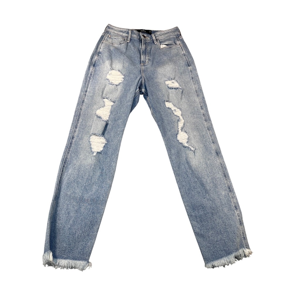 Hollister Curvy Ultra High-Rise Mom Jeans Light Wash Distressed Fringe  W28 L27